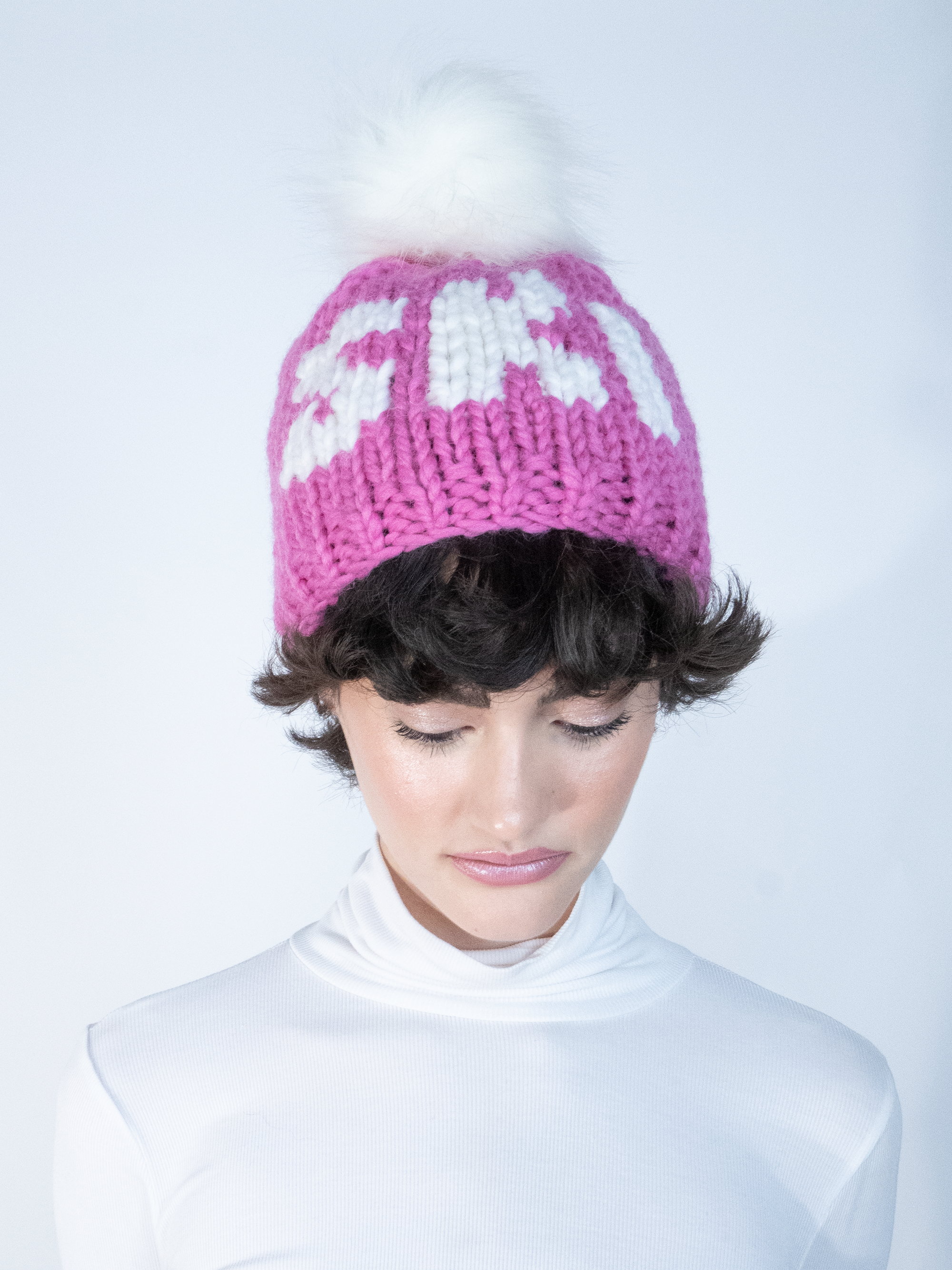 GOGO Pink Knit Hat with White Pom Pom Waffle Knit Beanie - Pink with White Pom – Boombalatti main image 2